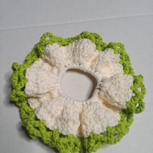 Green and White Crochet Hair Scrunchie
